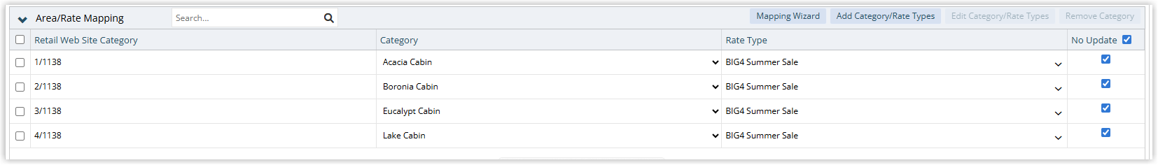 Area/Rate Mapping list for the BIG4 channel in RMS, showing mapped Categories and Tariff Types for the BIG4 deal, with the No Update checkbox ticked and Save options visible.