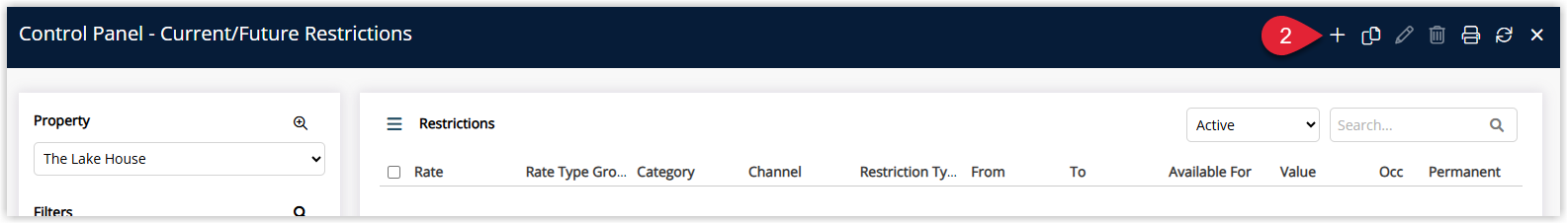 Rate Manager Control Panel in RMS listing existing restrictions with the Add button used to create a new Booking Window or stop sell rule for the BIG4 deal.