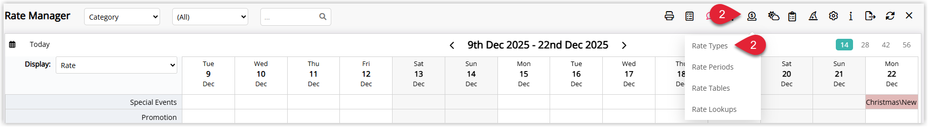 Tariff Manager screen in RMS with the Tariff/Rates icon open and Tariff Types selected to manage rate and derived tariff setups.