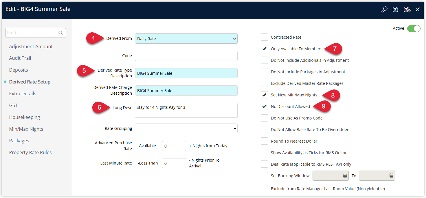 New Derived Tariff setup screen in RMS showing Derived From (master rate), Derived Tariff Type Desc with a deal title such as “BIG4 Summer Sale”, Long Description for conditions, and options like Only Available to Members, Set New Min/Max Nights, and No Discount Allowed.