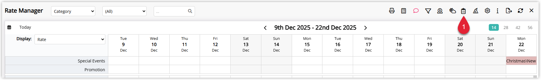 Tariff Manager in RMS with the Control Panel option highlighted to configure booking restrictions such as stop sells and booking windows for the BIG4 deal rate.