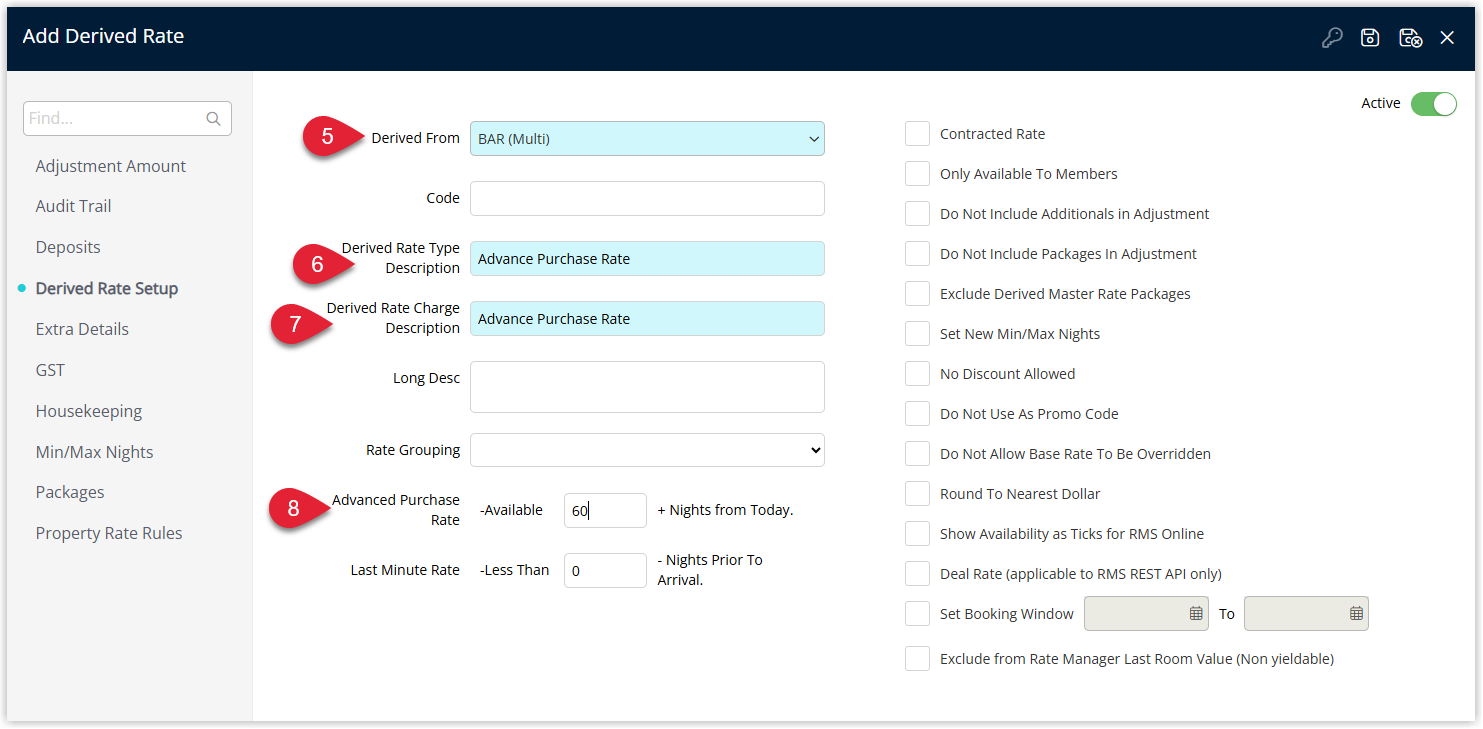 Screenshot of the Derived Rate Type setup screen in RMS showing fields for Derived From (master rate), Code, Description, Rate Charge Description and a Lead Time or Advance Purchase field specifying how many days before arrival the rate must be booked, with additional derived rate options displayed.