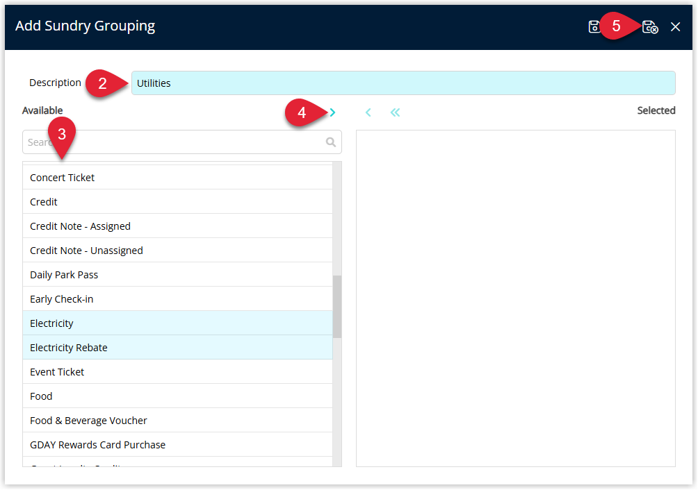 RMS Sundry Groupings setup screen showing a new Charge Redirection grouping being created, with a Description entered, multiple Sundry Charges selected and allocated to the grouping, and the Save/Exit button highlighted to store the Sundry Grouping for use with Charge Redirection.