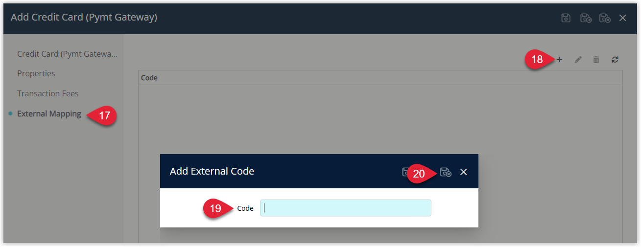 External Mapping tab of the Credit Card edit window in RMS displaying an External Card Type Code field and a list or grid of mapped external codes, with a new external card type code entered (for example AX or American Express) and Save/Exit selected so that external payment provider card names correctly map to the RMS card type.