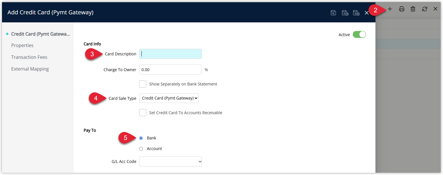 RMS Credit Cards setup screen under Setup > Accounting > Credit Cards showing the Credit Card edit window with fields for Card Description, Owner Accounting options, Percentage to Charge to the Owner, Show Separately on Bank Statement, Card Sale Type, optional Set Credit Card to Accounts Receivable, and Pay To set as Bank for use with credit card reconciliation.