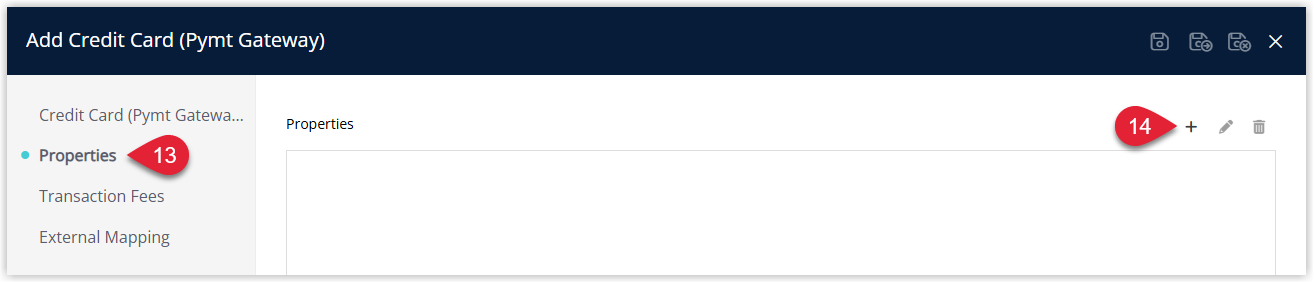 Properties tab of the Credit Card edit window in RMS for an enterprise setup showing an available Properties list on the left and a selected Properties list on the right, with the Add icon used to start allocating properties to this card type.