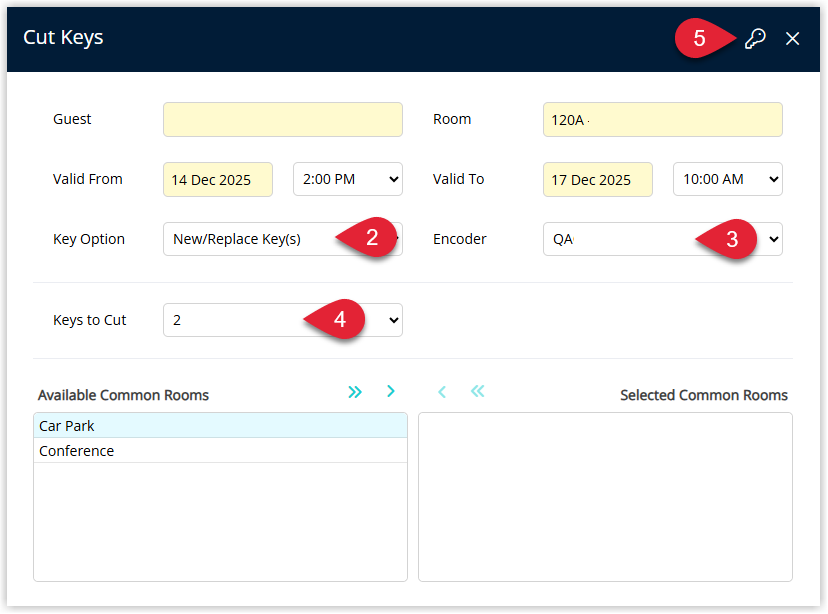 Screenshot of the Door Lock key cutting window in RMS showing fields for Key Option, Encoder, optional Valid From and Valid To times, a field for Keys to Cut and the Cut Keys button highlighted to create new keys for the reservation.