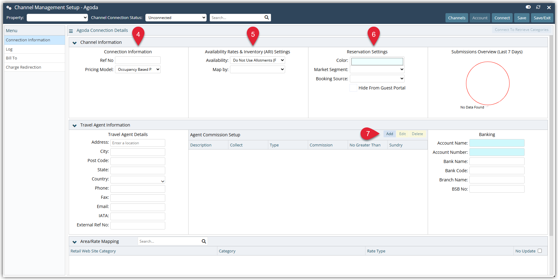 Annotated screenshot of the Agoda channel connection details in RMS with the Connection Information, ARI Settings, Reservation Settings, and Agent Commission Setup sections highlighted