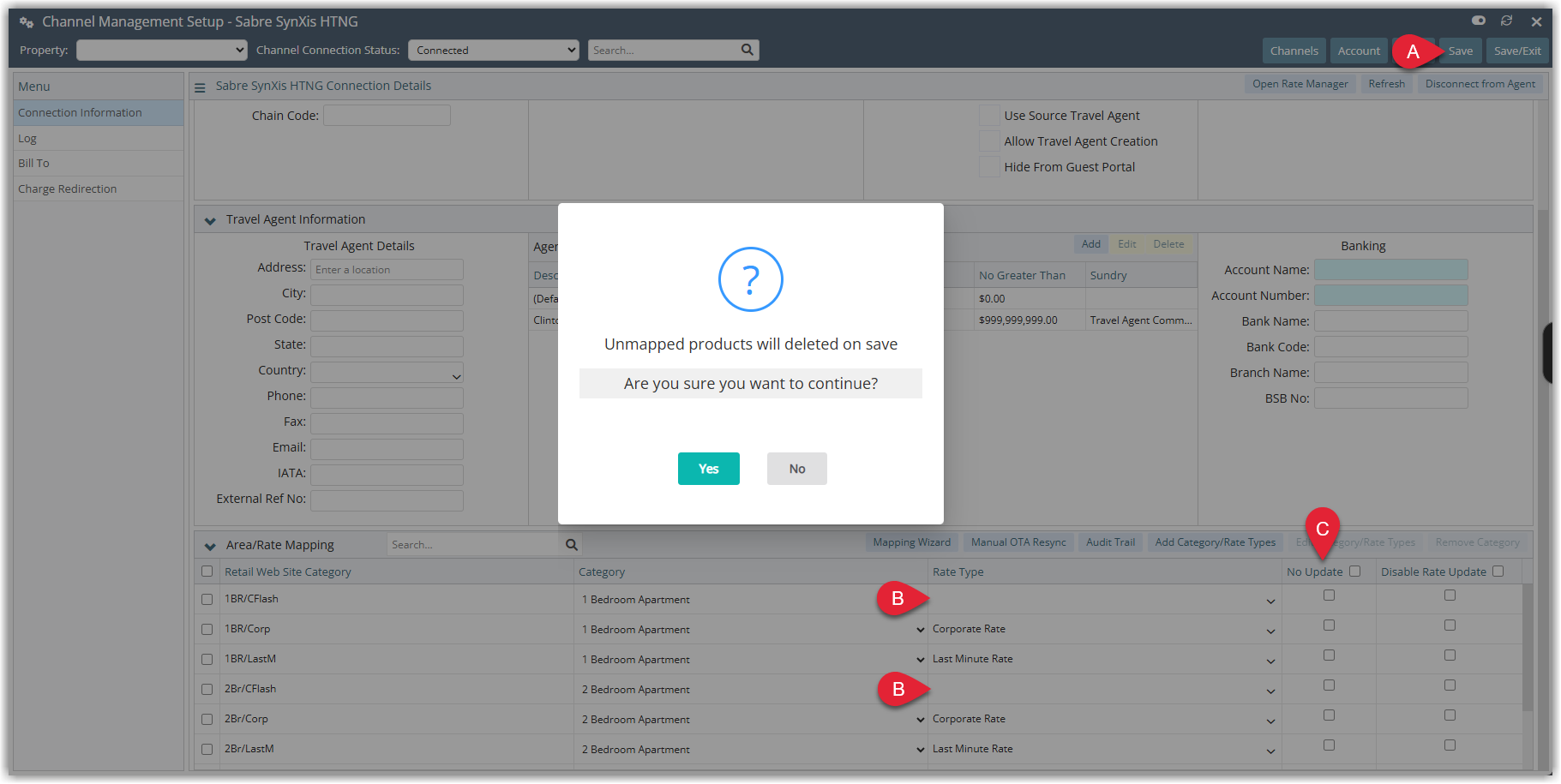 Annotated screenshot of a channel connection's Area/Rate Mapping in RMS with the Save button, rate type mapping cells, and No Update column highlighted, over a confirmation dialog warning that unmapped products will be deleted on save
