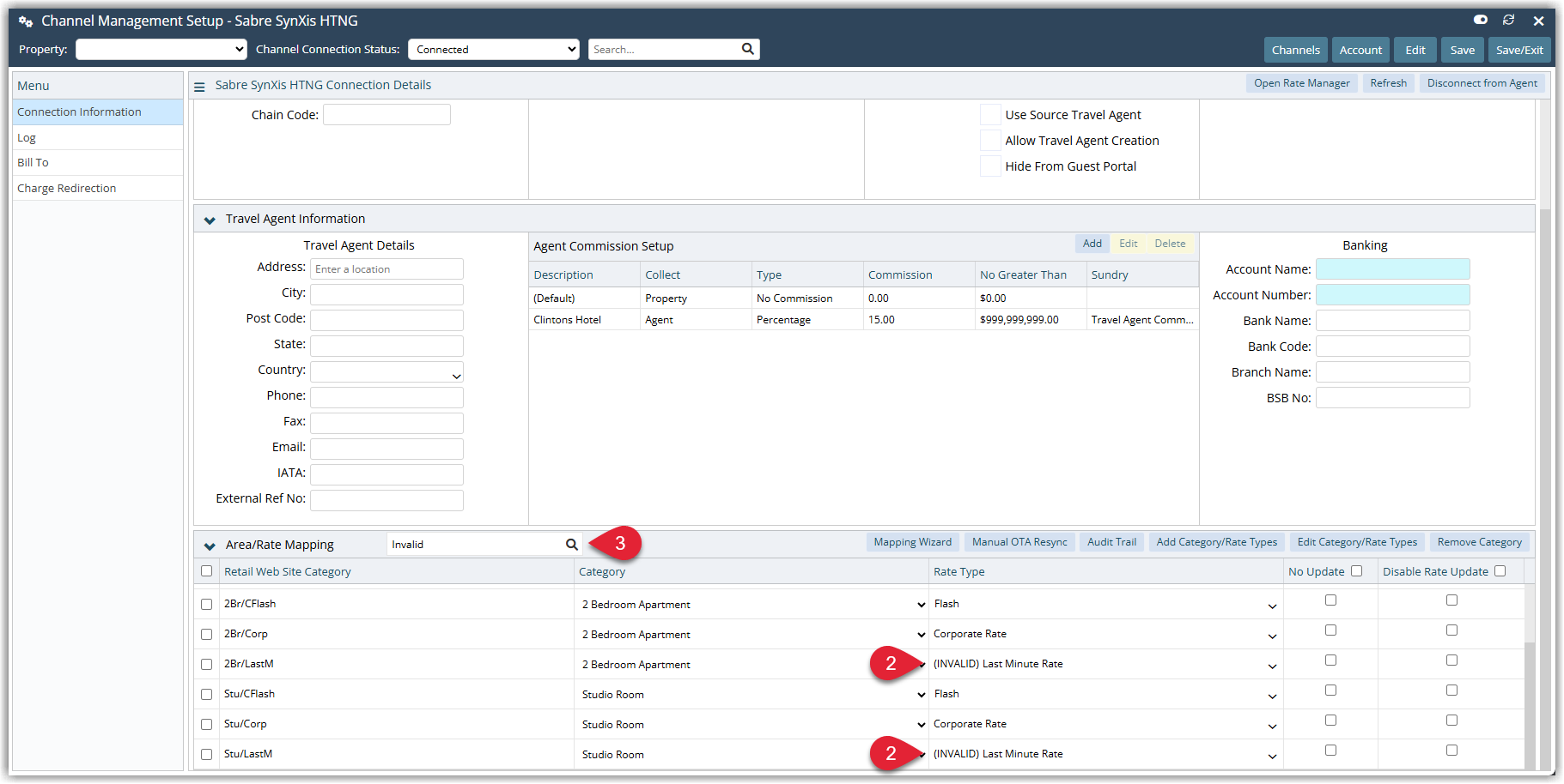 Screenshot of the Room/Rate Mapping screen in RMS showing rate names prefixed with Invalid (2) to indicate expired mappings and a search for the word Invalid (3) to quickly locate all out-of-date rates.