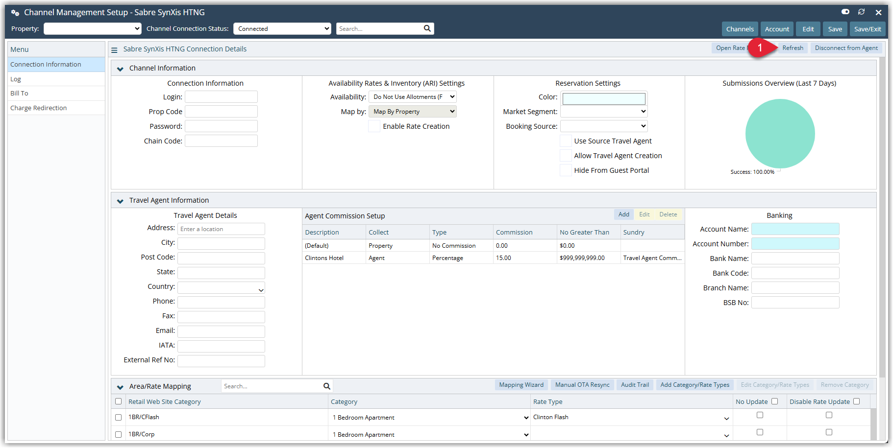 Annotated screenshot of a connected channel's connection details in RMS with the Refresh button highlighted