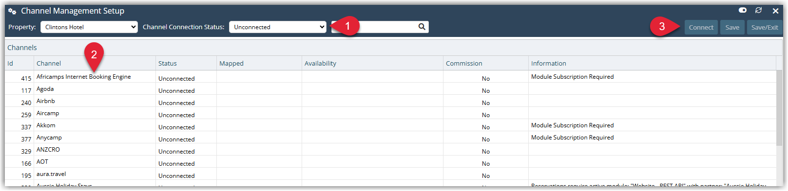 Annotated screenshot of the Channel Management Setup screen in RMS with the connection status filter, channel list, and Connect button highlighted