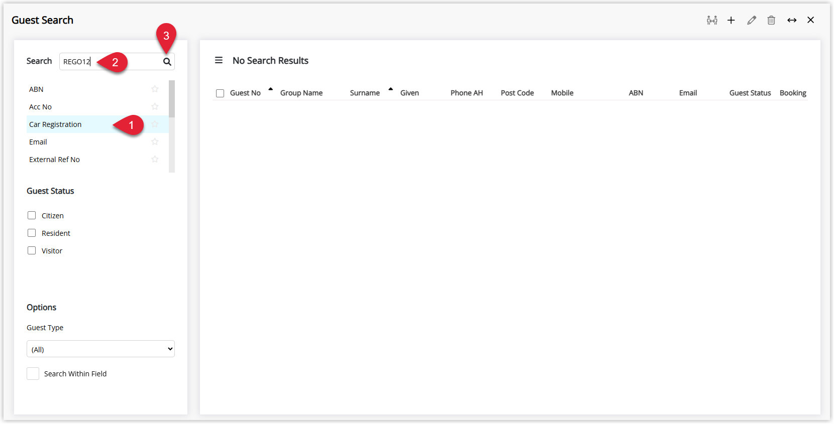 Screenshot of the Guest Search screen in RMS showing the Search On dropdown set to a custom guest field, the Search Criteria box filled in, and the Search button highlighted to find matching guest profiles.