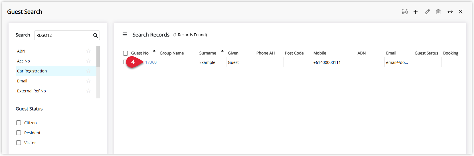Screenshot of Guest Search results in RMS displaying a list of guests with the Guest Number shown as a clickable hyperlink, and one guest number highlighted to open the Guest Profile.