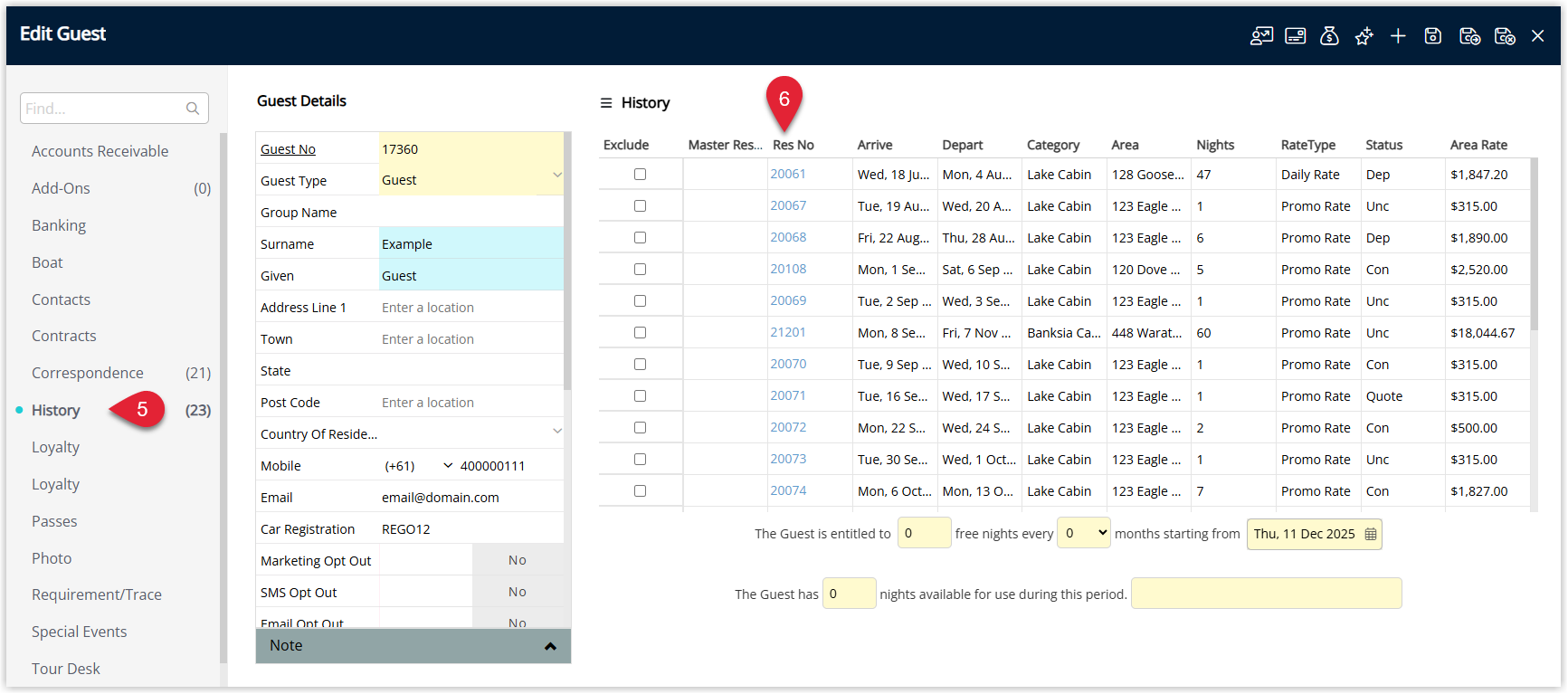 Screenshot of a Guest Profile in RMS with the History tab selected, showing a list of past and future reservations for the guest and a hyperlinked Reservation Number highlighted to open the reservation.