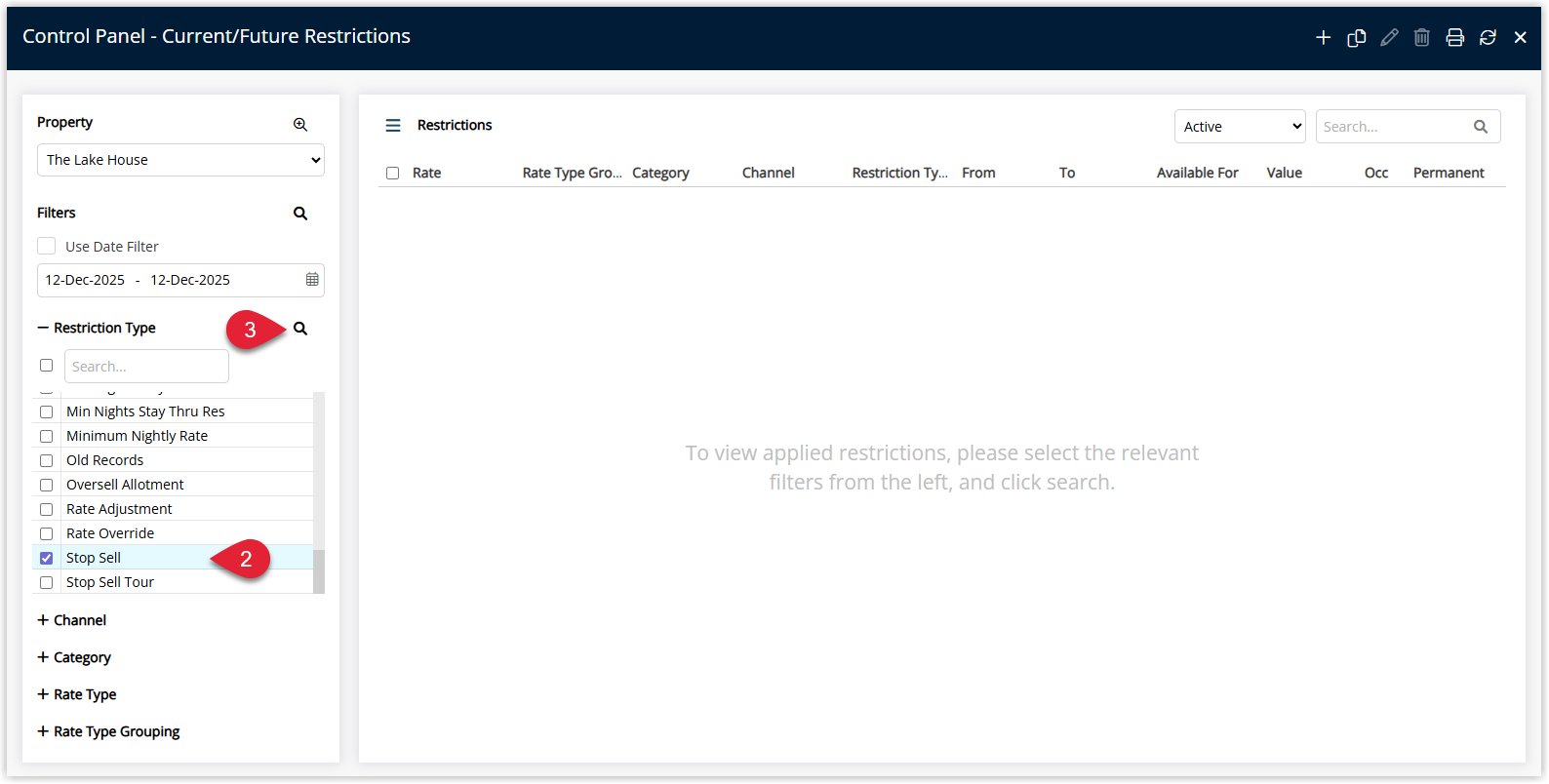 Screenshot of the Control Panel in RMS showing Restriction Type set to Stop Sell with optional filters for date range, channel, category, rate type and rate type grouping, and the Refresh button to display matching Stop Sell records.