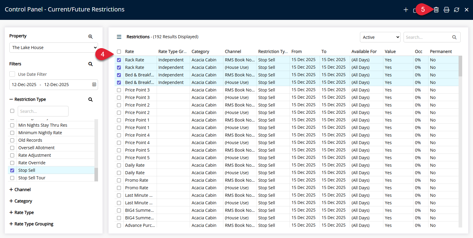 Screenshot of the Control Panel results grid in RMS listing Stop Sell records with one record selected and the Delete option available to remove the Stop Sell.