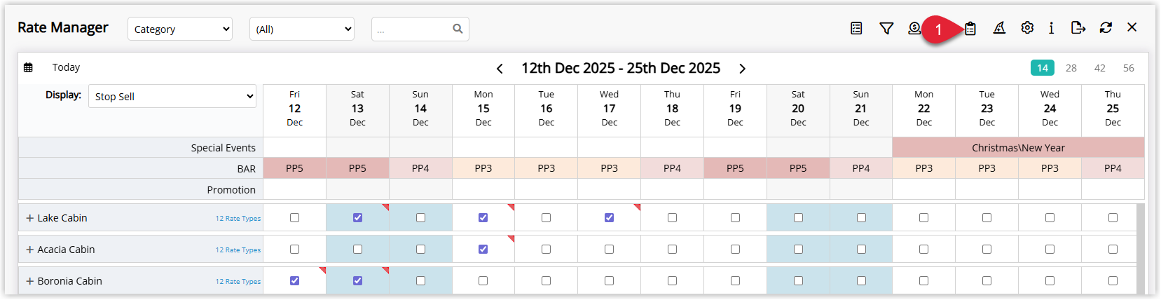 Screenshot of the Rate Manager in RMS highlighting the Control Panel option used to view and manage restrictions.