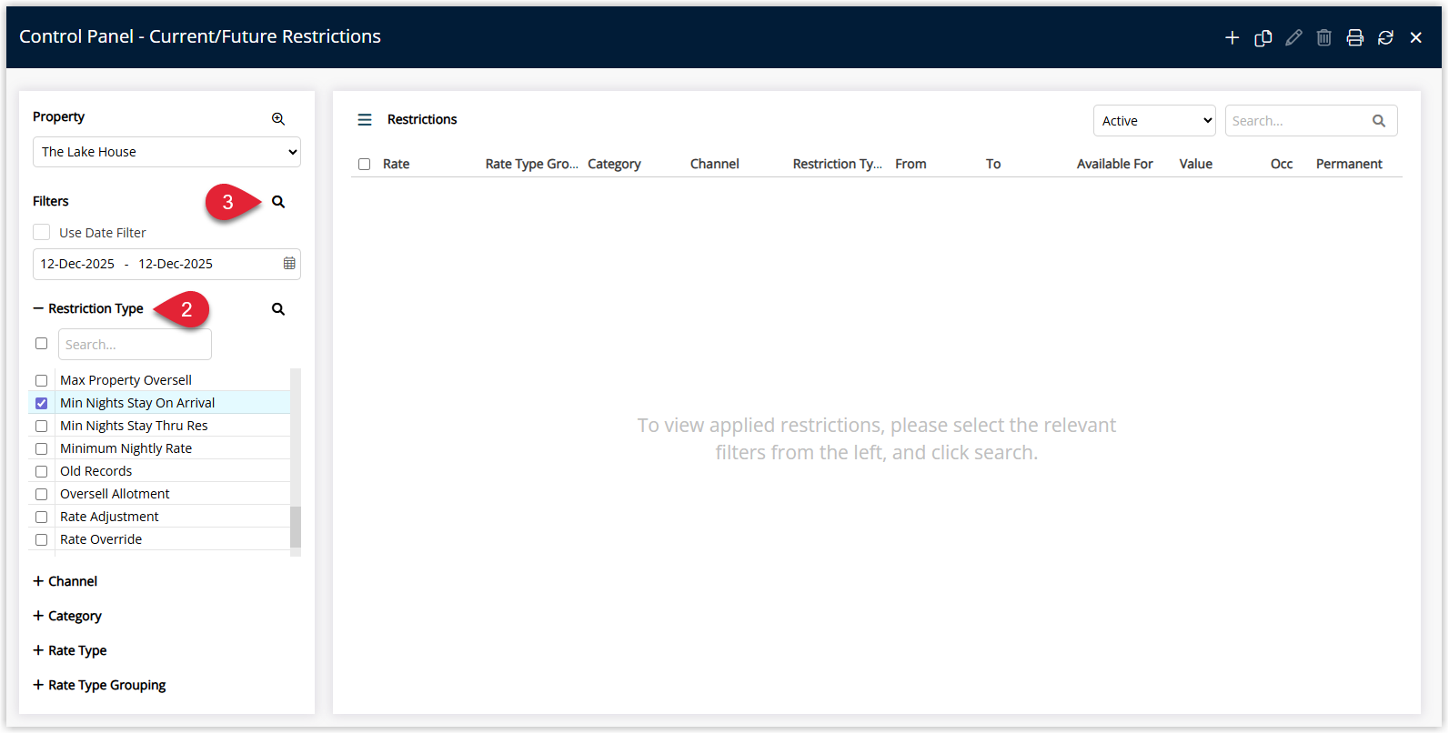 Screenshot of the Control Panel in RMS showing the calendar view where restrictions can be searched and managed by date.