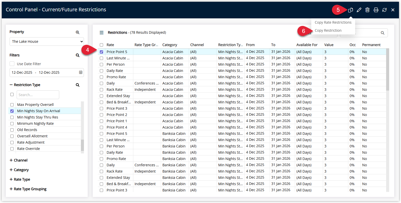 Screenshot of the Control Panel results in RMS showing multiple restrictions selected on the grid and the Copy button used to copy those restrictions to new dates or ranges.