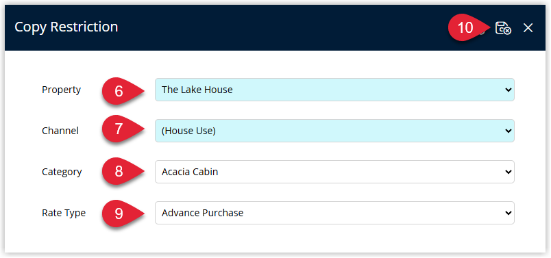 Screenshot of the Copy Restrictions window in RMS showing the target dates for the copy action and the Save/Exit button used to apply the copied restrictions.