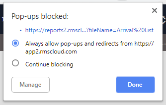 Web browser window showing the address bar with a pop-up blocked icon or notification, indicating that a report window from http://reports.rmscloud.com has been blocked, and the site-specific setting menu open with the option to Always allow pop-ups from http://reports.rmscloud.com selected so RMS reports can open successfully.
