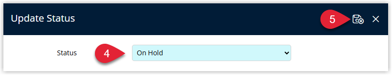 Change Status dialog in RMS for Travel Agent Commissions showing a dropdown or radio buttons with status options On Hold, Paid and Do Not Pay, and a Save/Exit button to apply the selected status to the checked commission items
