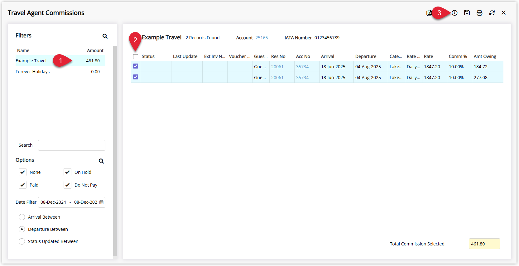 Travel Agent Commissions utility in RMS displaying a list of commissions for the selected travel agent, with checkboxes on each row and the Status toolbar icon ready to be clicked to assign a status such as On Hold, Paid or Do Not Pay