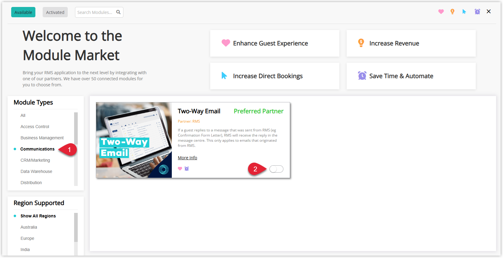 Screenshot of the Module Market in RMS with the Module Type filter set to Communications, showing the Email 2-Way module listed and its toggle switch highlighted to activate the module.
