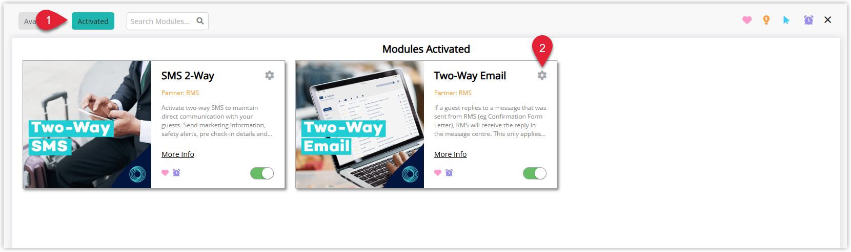 Screenshot of the Module Market in RMS with the Activated view selected, showing the Email 2-Way module listed and the Configure button highlighted to open its settings.