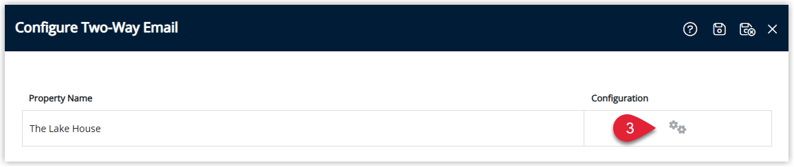 Screenshot of the Email 2-Way configuration screen in RMS showing a list of properties with a Configure option next to each one, with one property’s Configure button highlighted to set its email signature.