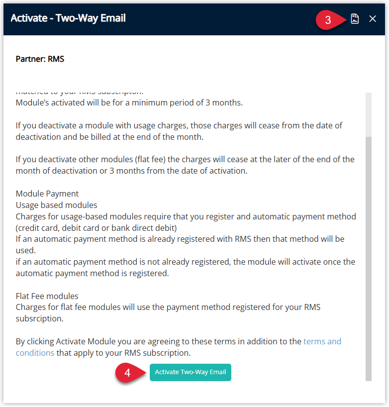 Screenshot of the Email 2-Way activation dialog in RMS showing a Terms & Conditions section and the Activate Email 2-Way button highlighted to enable the module for all properties in the database.