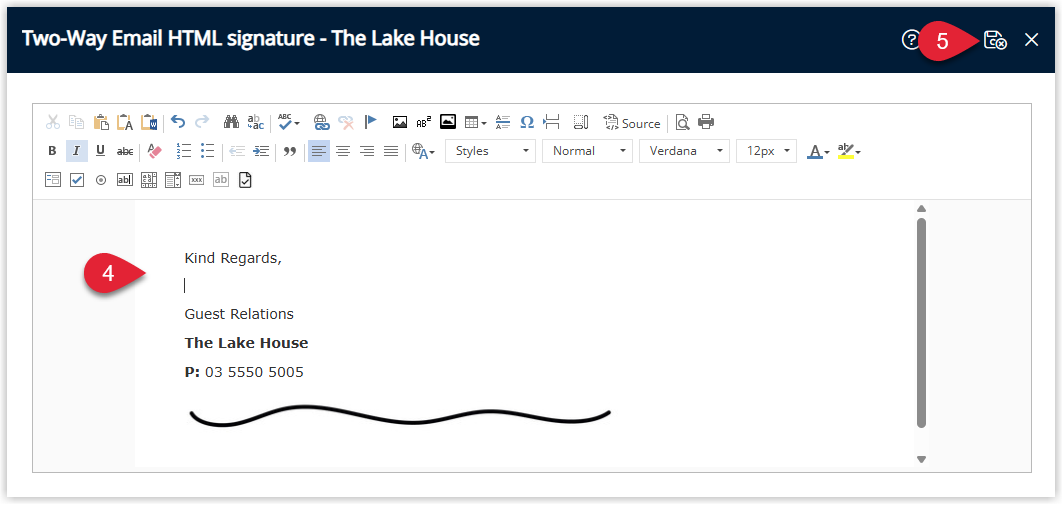 Screenshot of the Email 2-Way property configuration window in RMS showing an Email Signature editor area filled with signature content and the Save/Exit button highlighted to store the property email signature.