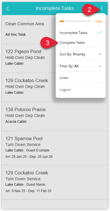 Housekeeping section of the Staff Portal displaying a menu or sidebar with options such as Today’s Tasks and Complete Tasks, with Complete Tasks selected