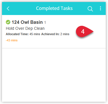 Complete Tasks list in the Staff Portal showing a completed housekeeping task row being swiped to the right to reveal action buttons