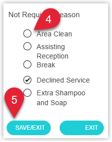 Annotated screenshot of the Staff Portal Not Required Reason screen in RMS highlighting the Declined Service option, the reason list and the Save/Exit button