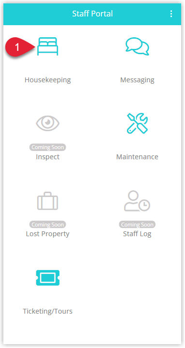 Annotated screenshot of the Staff Portal home screen in RMS highlighting the Housekeeping option