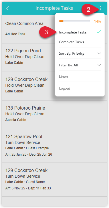 Housekeeping screen with a menu icon opened and the Incomplete Tasks option highlighted in the list.