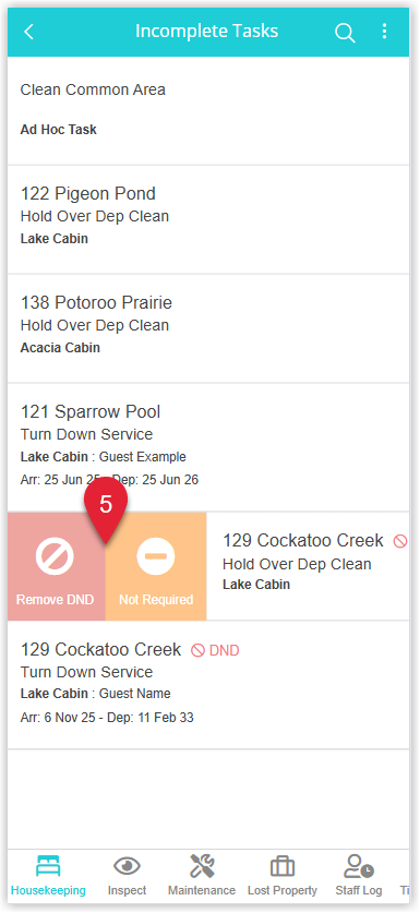 Task quick action panel displaying buttons for Remove DND and Not Required with one of the options highlighted to update the task status.