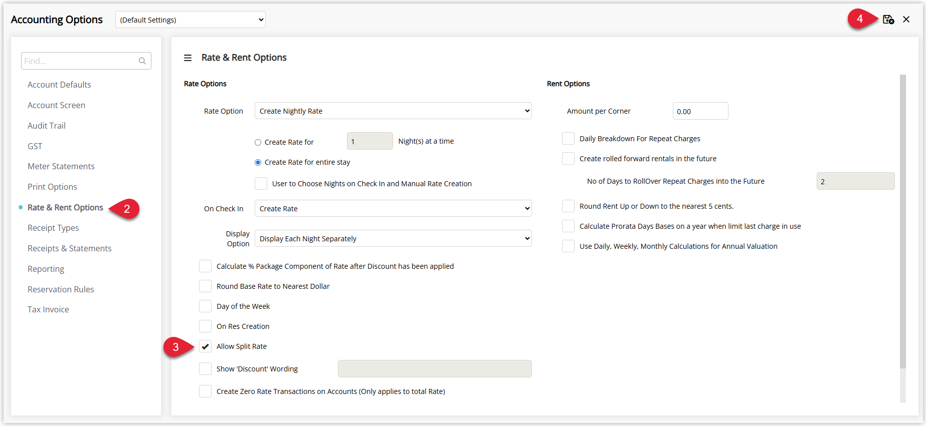 Screenshot of the Accounting Options window in RMS with the Rent & Rate Options tab selected, showing the Allow Split Rate checkbox ticked and the Save/Exit button highlighted to enable split rate functionality.