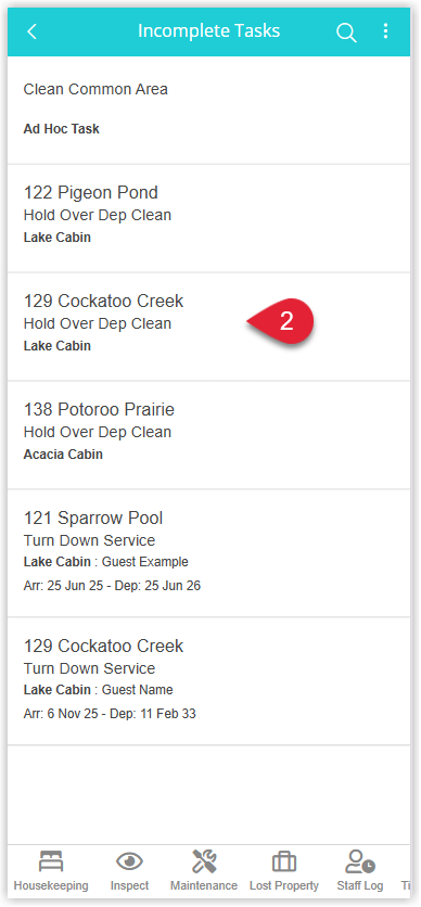 Housekeeping task list in the Staff Portal displaying incomplete tasks for the logged in housekeeper, with one task tapped or highlighted.