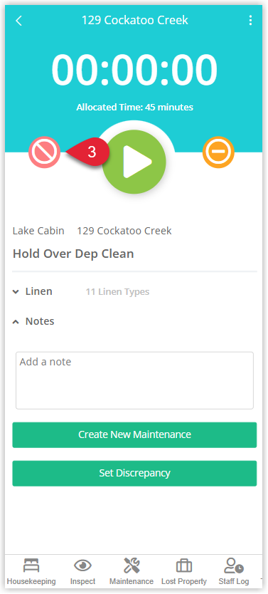 Housekeeping task detail screen showing task information and action buttons, with the DND (Do Not Disturb) button highlighted.