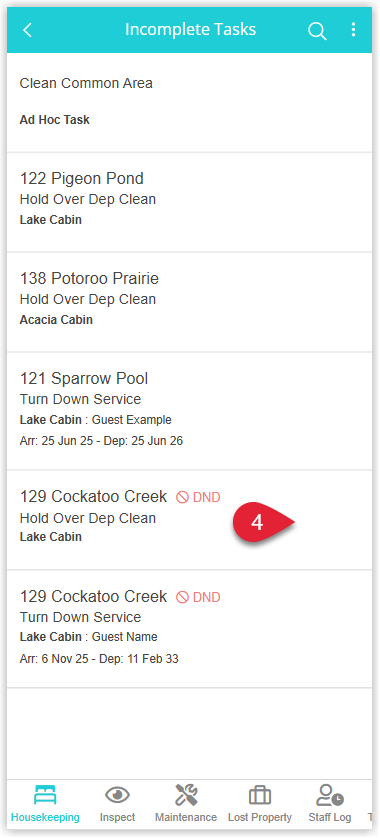 Incomplete Tasks list showing tasks with a DND label, and a swipe right gesture revealing quick action buttons for the selected task.