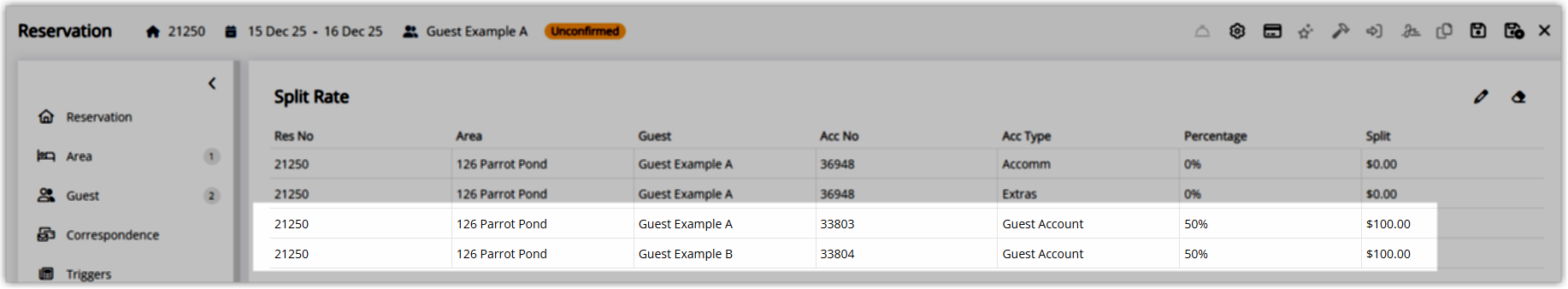 Screenshot of the Split Rate summary in RMS showing the total reservation charge of $200 and individual allocations of $100 to Guest A and $100 to Guest B, with a total that matches the full reservation amount.