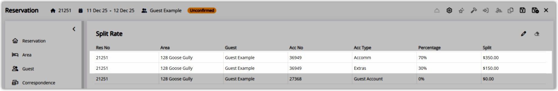 Screenshot of the Split Rate summary in RMS for a $500 reservation showing $350 allocated to the company and $150 to the guest, with the total allocation equalling the full reservation charge.