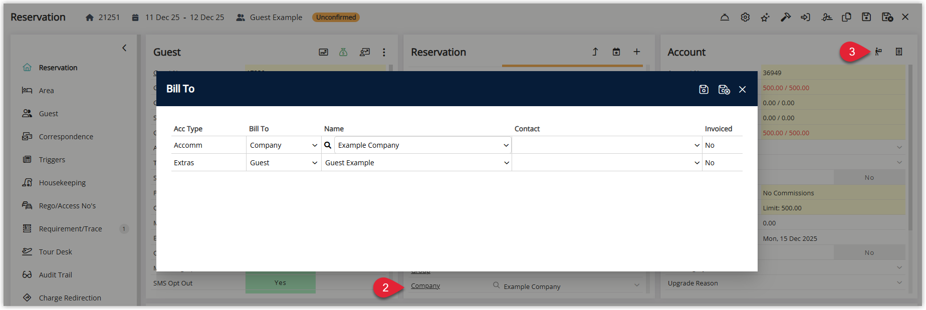 Screenshot of a reservation in RMS showing the Company field populated and the Bill To options expanded, indicating which party (company vs guest) is responsible for charges before applying split rate.