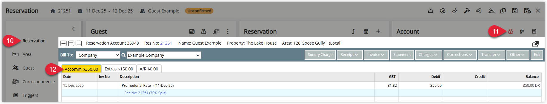 Screenshot of the Reservation Details screen in RMS with the Money Bag account icon highlighted, used to open and review account allocations created by the split rate.
