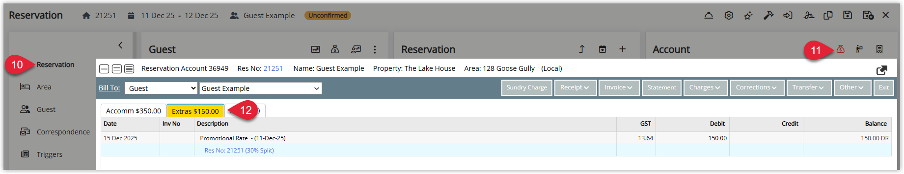 Screenshot of the guest account in RMS with the Extras tab selected, showing charges totalling $150 that represent the guest’s 30% share of the split rate.