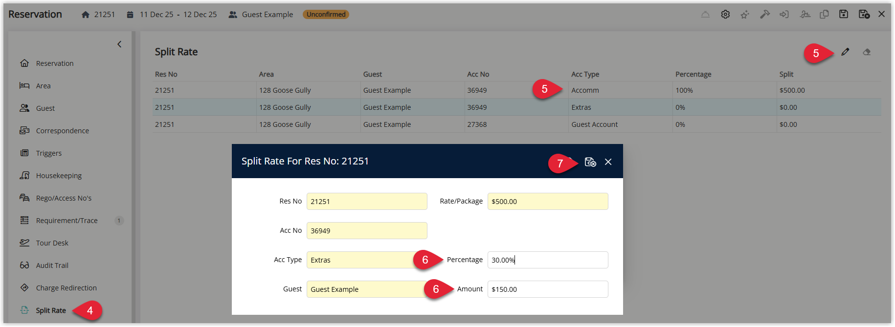 Screenshot of the Split Rate section on a reservation in RMS showing two account lines, one for Company (Accomm) and one for Guest (Extras), with a $500 reservation split so that the company is allocated $350 (70%) and the guest $150 (30%), and the Save & Exit button highlighted.