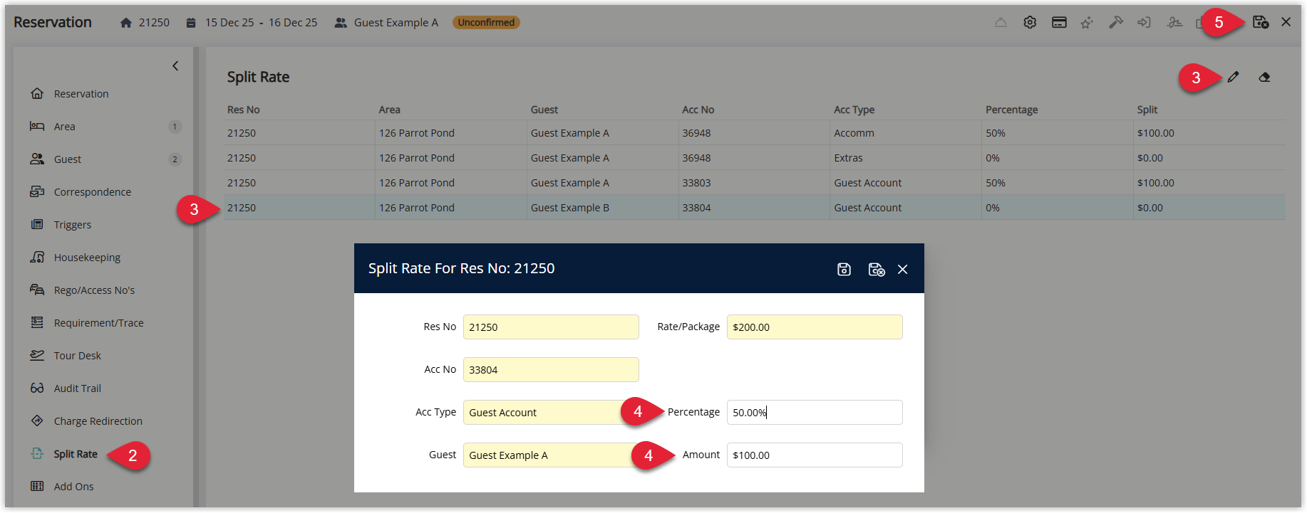 Screenshot of the Split Rate section on a reservation in RMS showing two guest rows, with one guest highlighted and the pencil edit icon selected, and percentage or amount fields being used to split a $200 rate 50/50 between Guest A and Guest B.